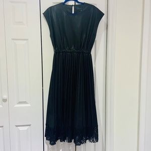 Gracia Black Pleated Pleather Dress with Lace Hem